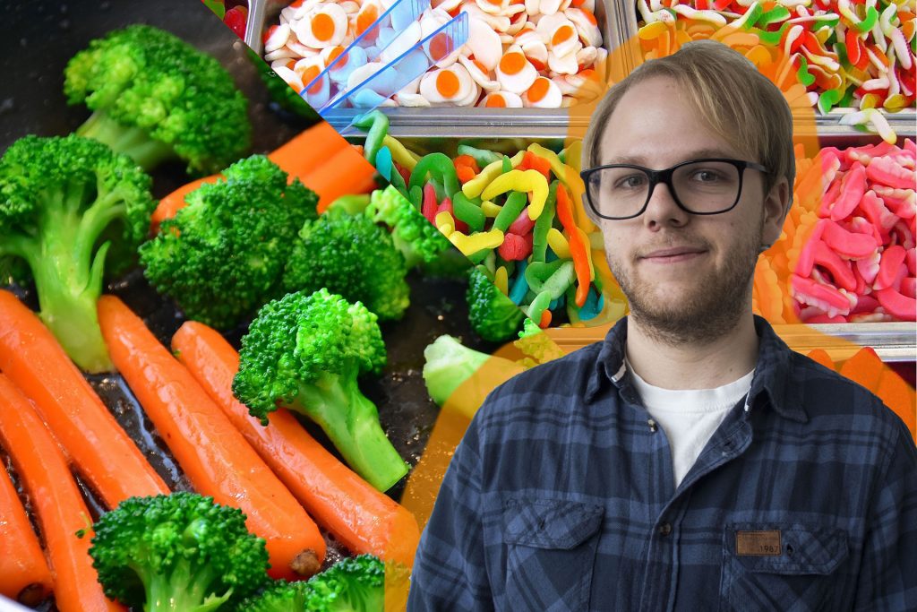 Anton Sjöberg framför morötter och godis.