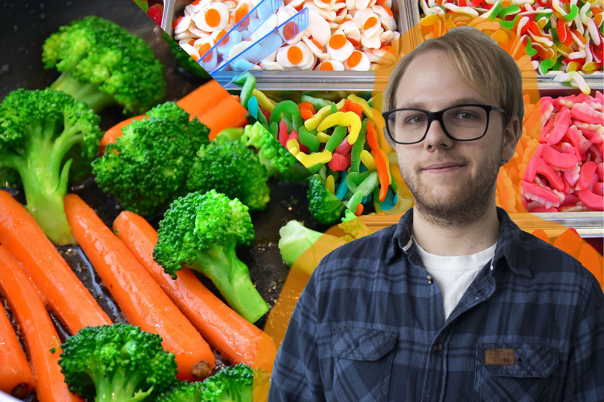 Anton Sjöberg framför morötter och godis.