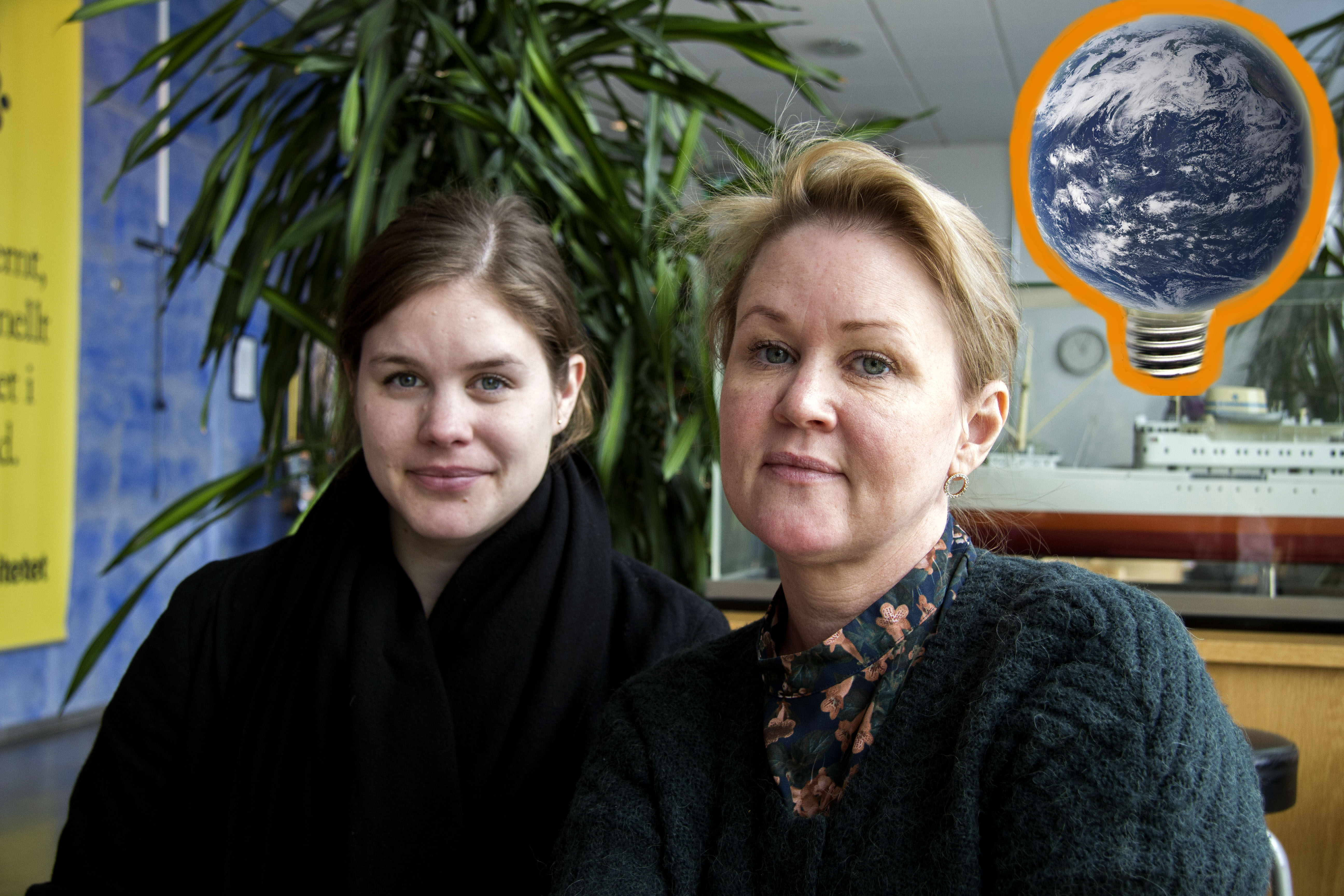 Montage på Elin och Sofia och en jordglob.