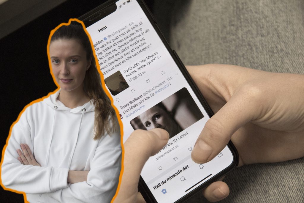 Ett bildmontage på en mobil och på Calmarecorrens reporter Fanny Bäck.