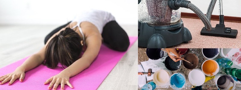 3 bilder: En som gör yoga, en damsugare och en bild på målarfäg