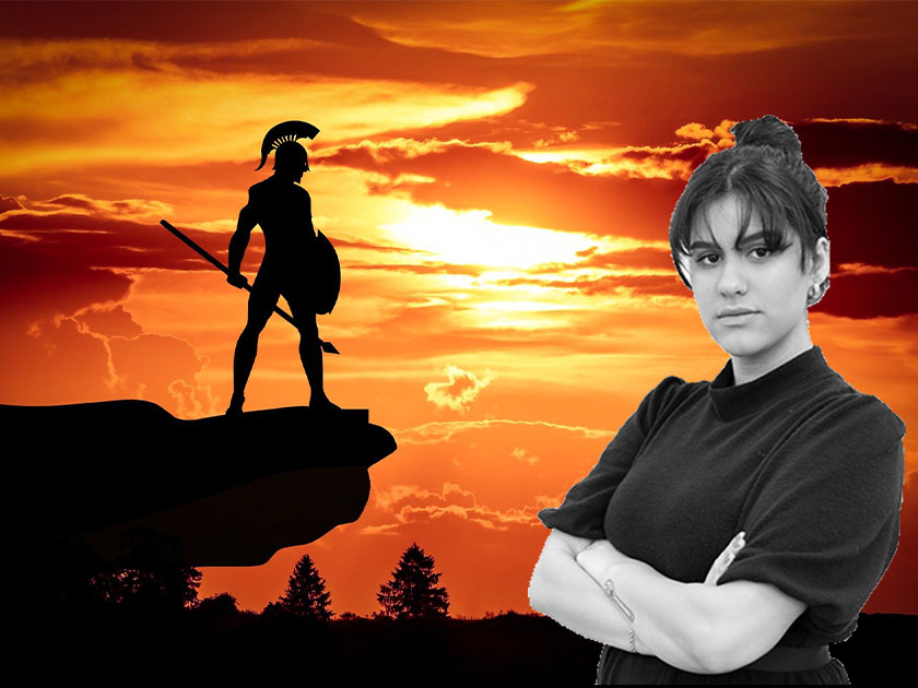 en gladiator på ett ber, utklippt bild på reporter