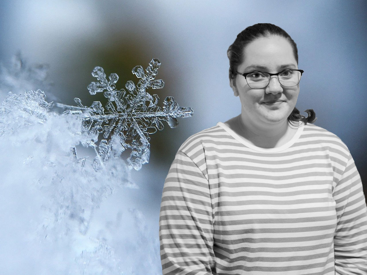 Ett bildmontage med en snöflinga och krönikören.