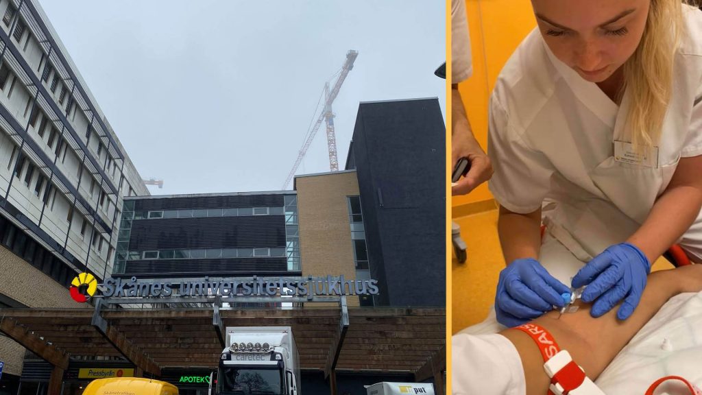 till vänster, ingång till Skånes universitetssjukhus. Till vänster en bild på Louise ger en patient en spruta.