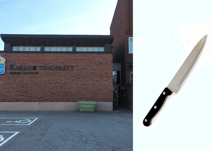 En bild på Kalmar tingsrätt och en kniv