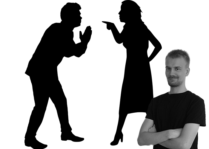 En siluett av ett par som bråkar och bild på reporten.