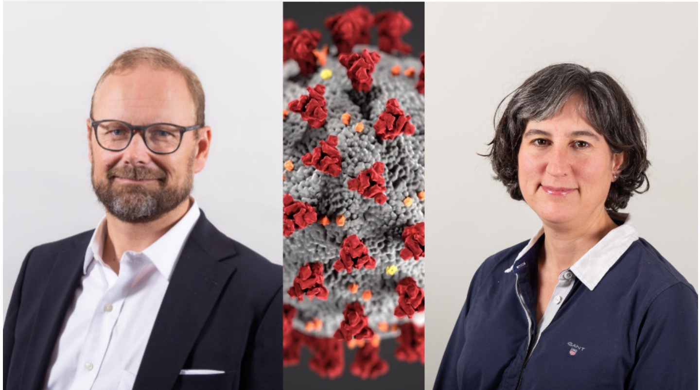 På bilden visas Johan Rosenqvist, Hälso- sjukvårdsdirektör och Lisa Labbé Sandelin Smittskyddsläkare samt en bild på coronaviruset i atomform.
