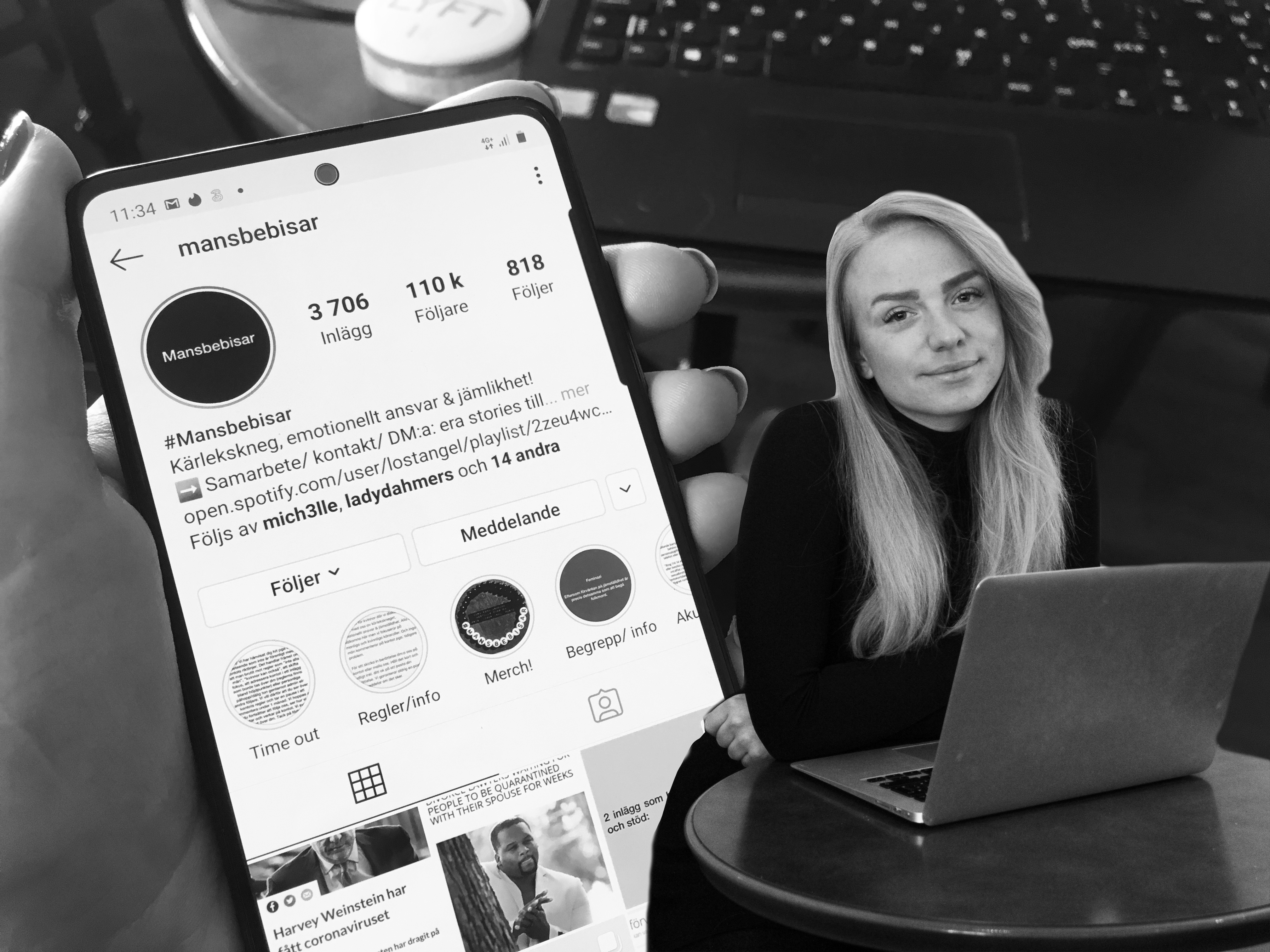 Krönikören Alinia Andersson. I bakgrunden en mobiltelefon med instagramkontot Mansbebisar.