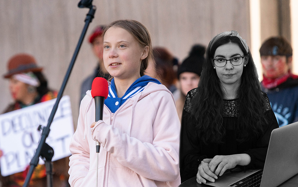 Bild på skribenten med Greta Thunberg som håller tal i bakgrunden.