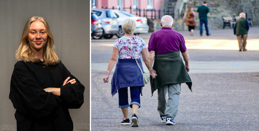 Två äldre som promenerar på en väg och en bild på sidan av krönikören Evelina.