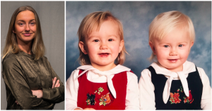 Ett bildcollage. En bild på Filippa i redaktionen och en bild på Filippa och hennes tvillingsyster som små när de sitter i matchande kläder.