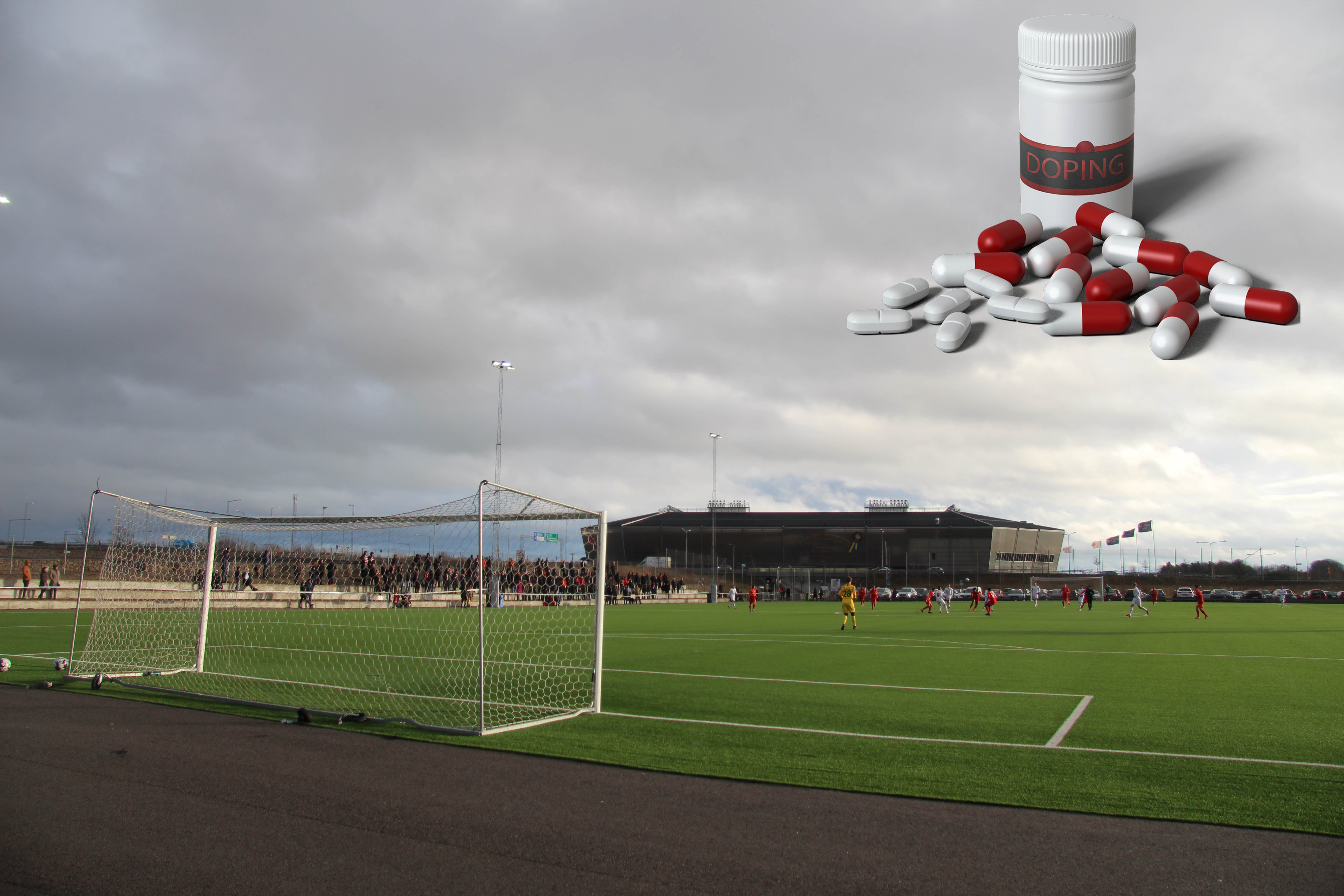 Bild över Gasten när Kalmar FF spelar. Dopingpiller inlagt uppe i högra hörnet