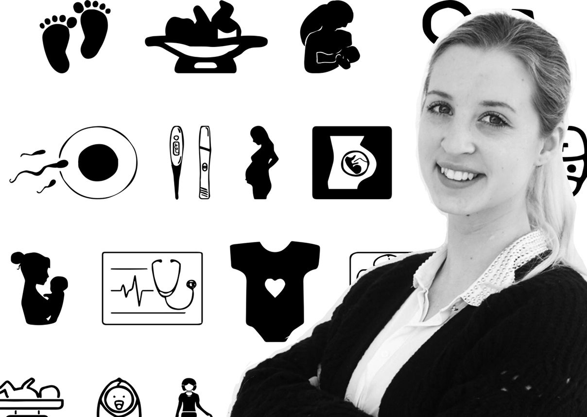 Krönikören syns med armarna i kors. Bakgrund baby symboler.