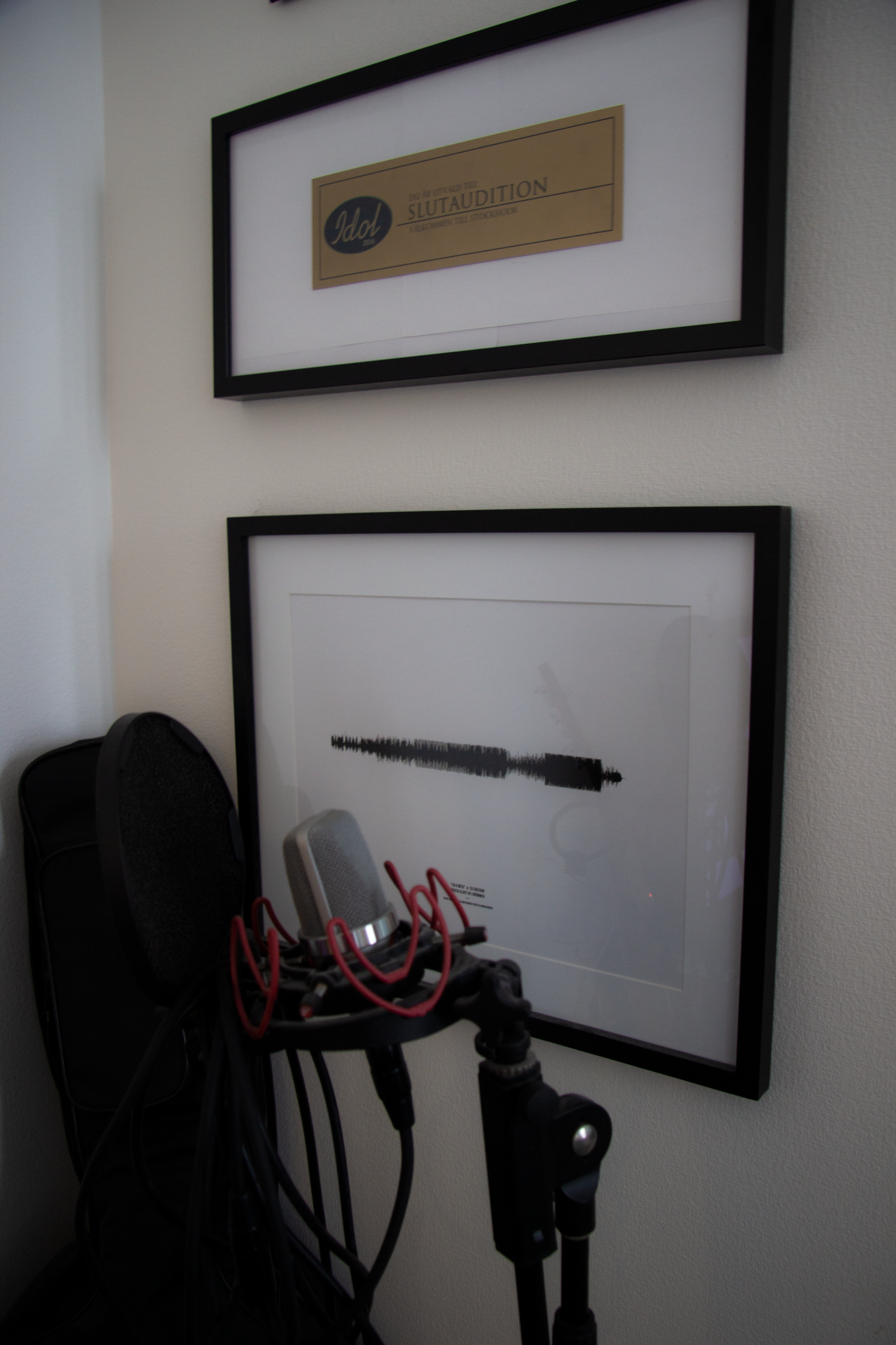 Bild på två tavlor och en mikrofon.