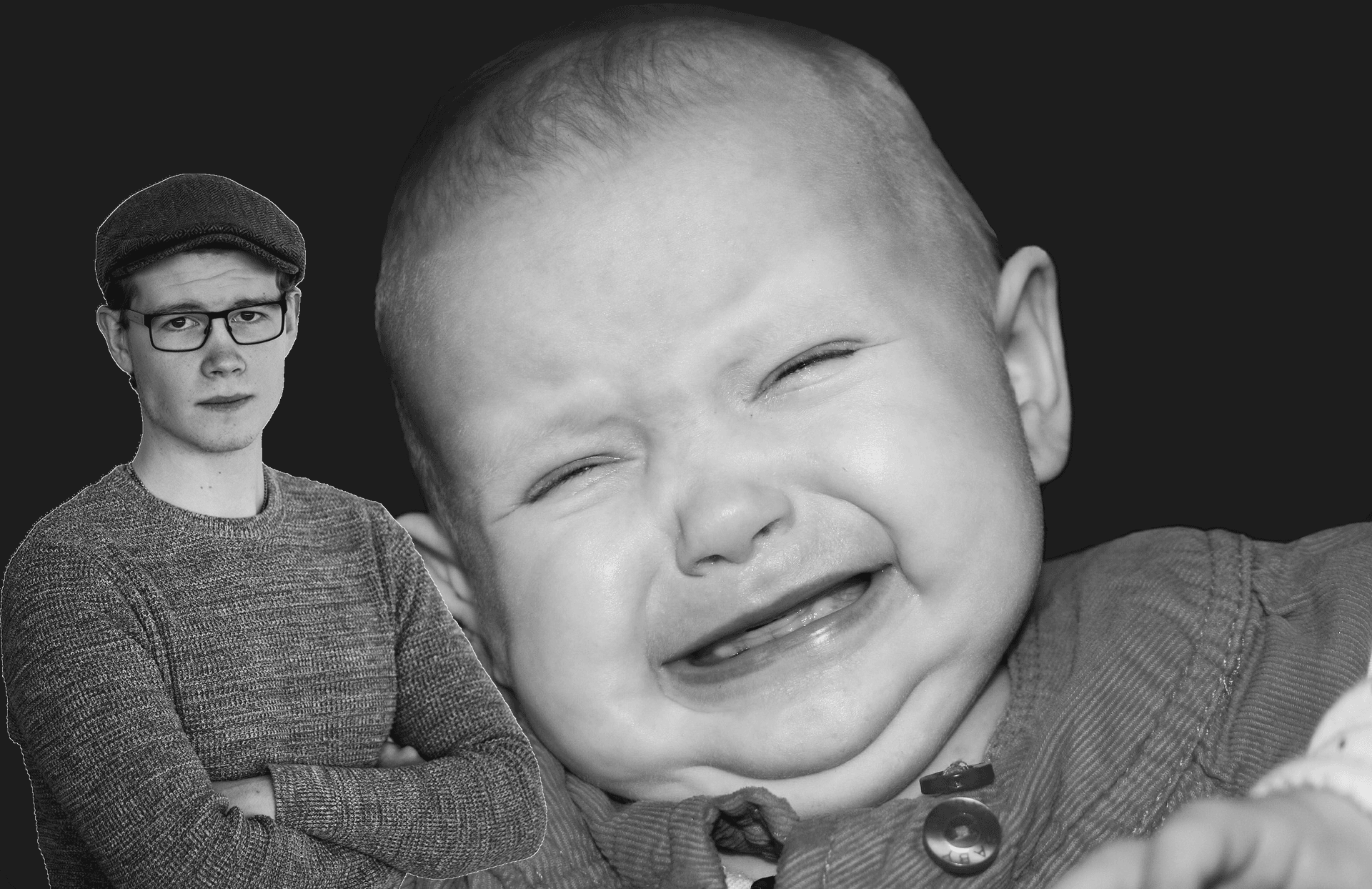 Bild på barn som skriker och krönikören Noah O'Rourke Drevfjäll.