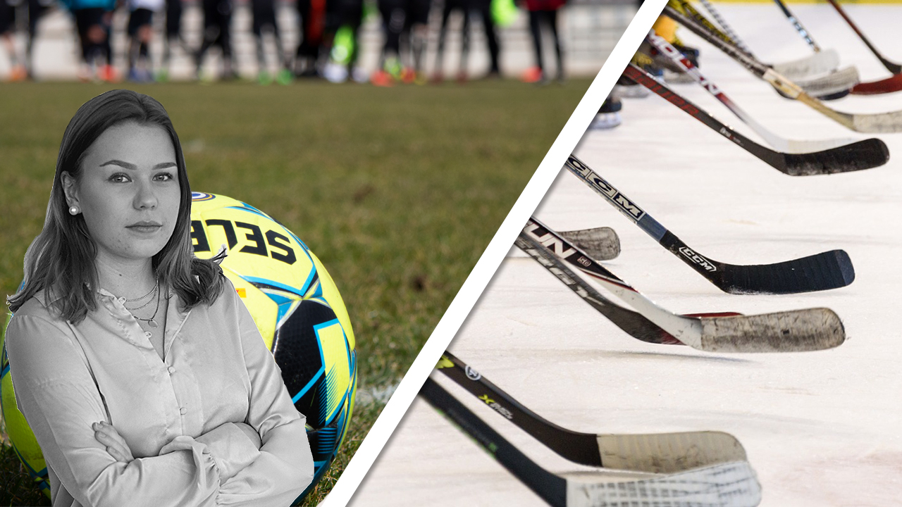 Bild på en fotboll, hockeyklubbor och krönikören Isabella Kilvéus.