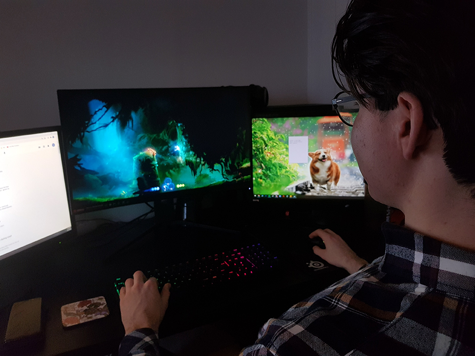 En man sitter vi datorn och spelar