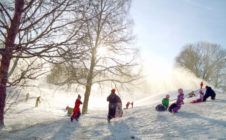 Barn leker i en pulkabacke