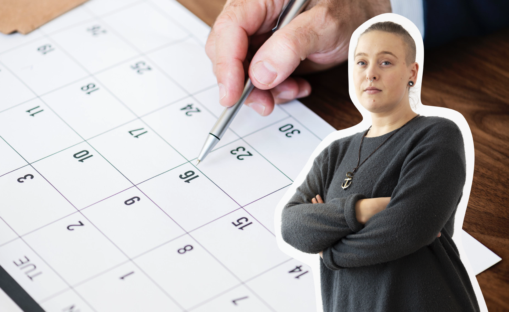 Ett kollage av en bild på en almanacka och vår krönikör Ellen Eriksson.