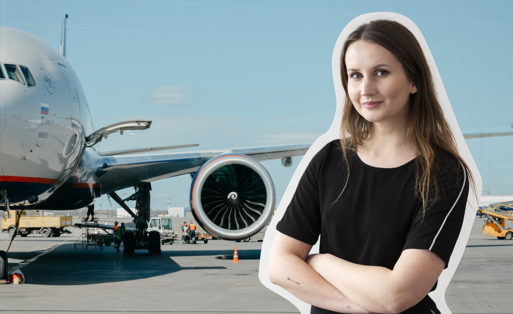 Ett kollage med en bild på ett flygplan och vår krönikör Sofia Sandvik.