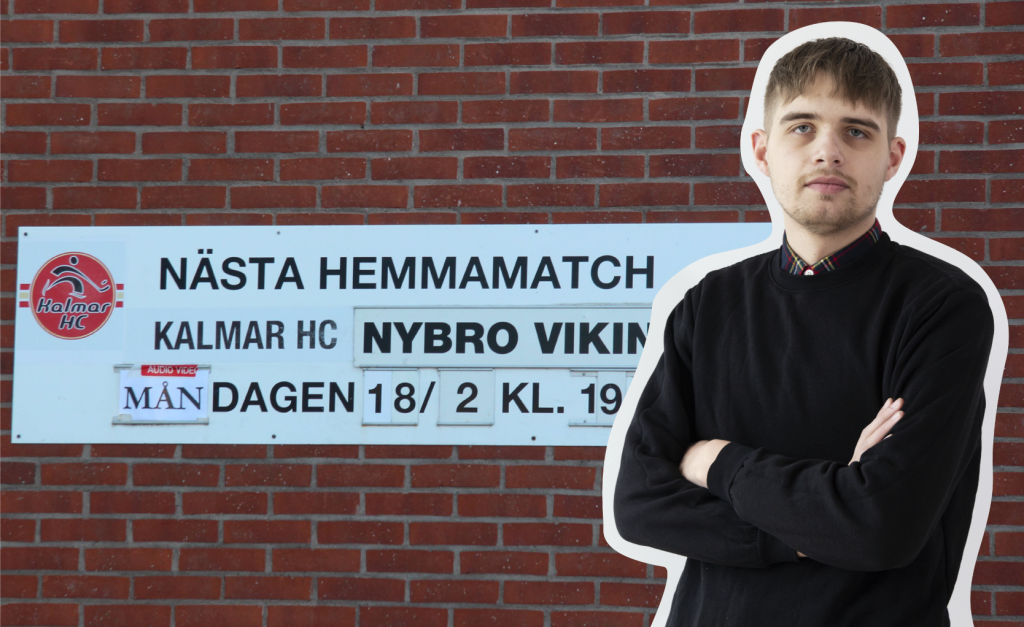 Ett kollage med Kalmar HC:s skylt och vår krönikör Simon Tengberg.