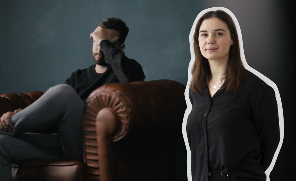 Ett kollage av en stressad man och vår krönikör Emilie Jurak.