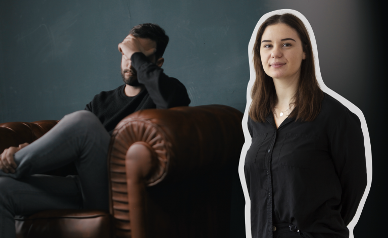 Ett kollage av en stressad man och vår krönikör Emilie Jurak.