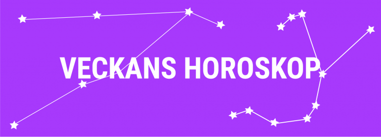 Texten Veckans horoskop på en lila bakgrund.