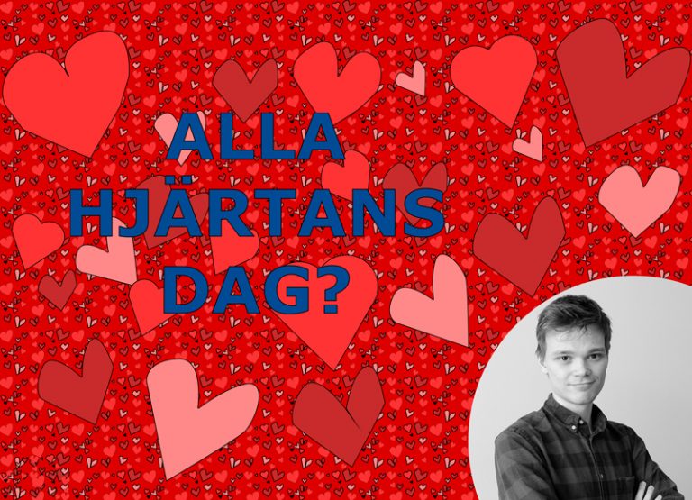 Massor med hjärtan i olika röda nyanser med texten "Alla hjärtans dag?" med en infälld bild på Ronan Hagman