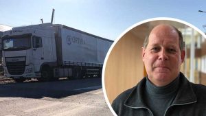 Montage. En stillastående lastbil samt ett porträtt av Patric Lindgren, lektor i statsvetenskap