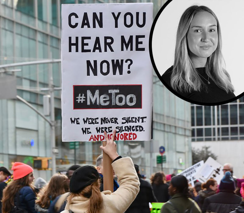 Demonstration för Metoo. Bilden visar en kvinna som håller upp ett plakat med texten "Can you hear me now?".