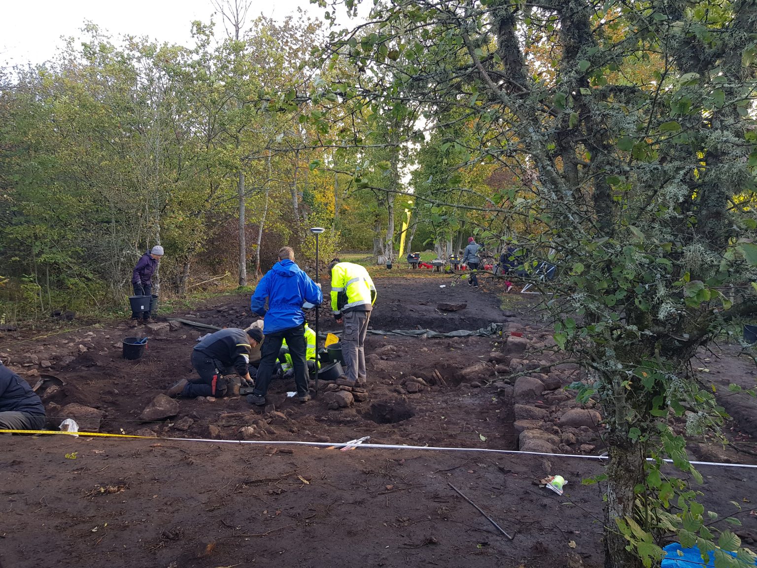 Tre människor gräver i skogen.