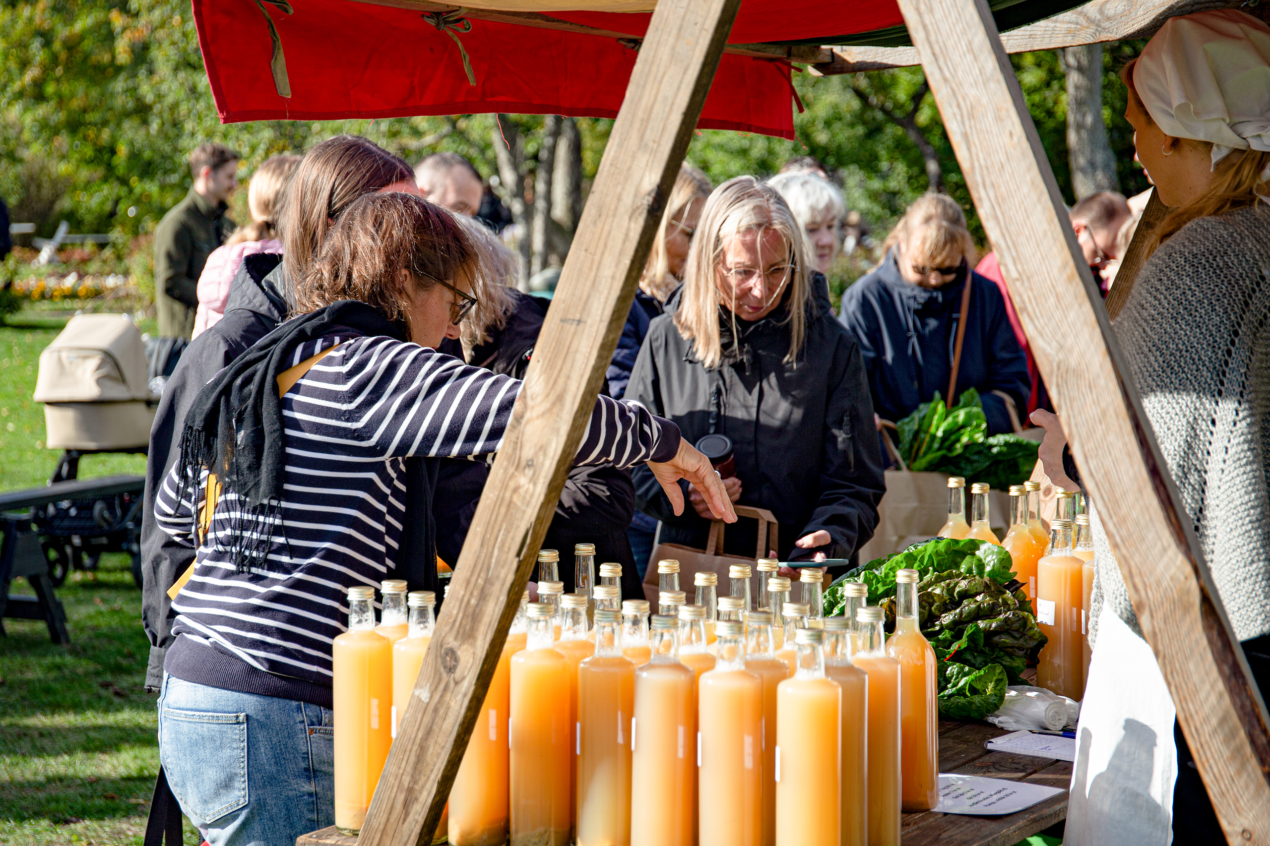 Flera personer står i kö för att köpa en flaska äppelmust vid ett tält på gräsplanen.
