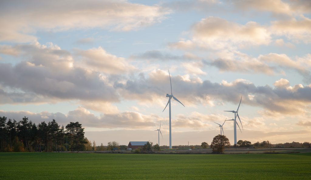 Flera vindkraftverk står ute på en åker