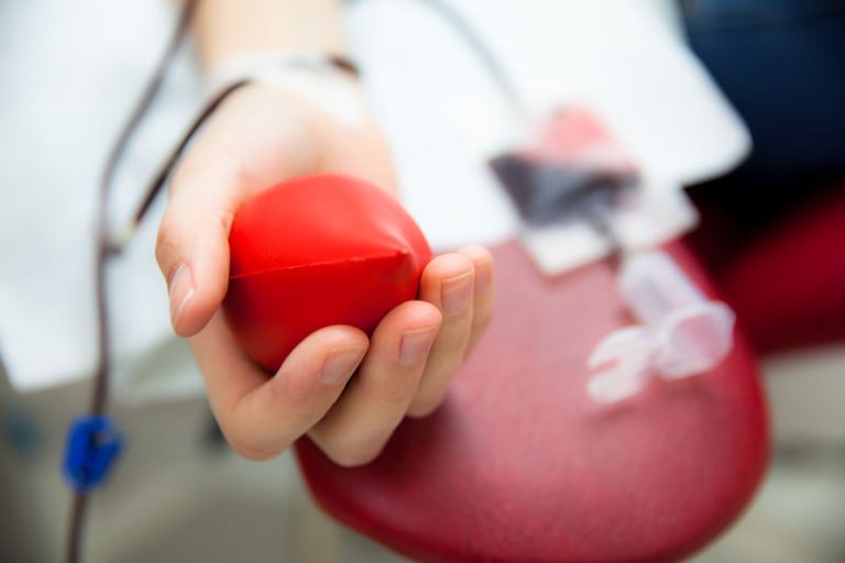 Närbild på blodgivares hand med en stressboll i handen och slangar i suddig bakgrund.
