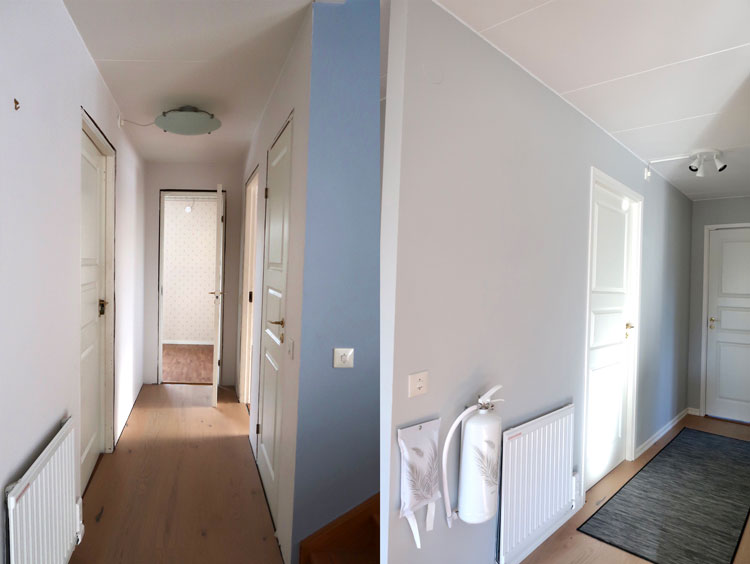 En orenoverad hall med vita väggar och en rund lampa. En till hall med gråa väggar och en vit brandsläckare.