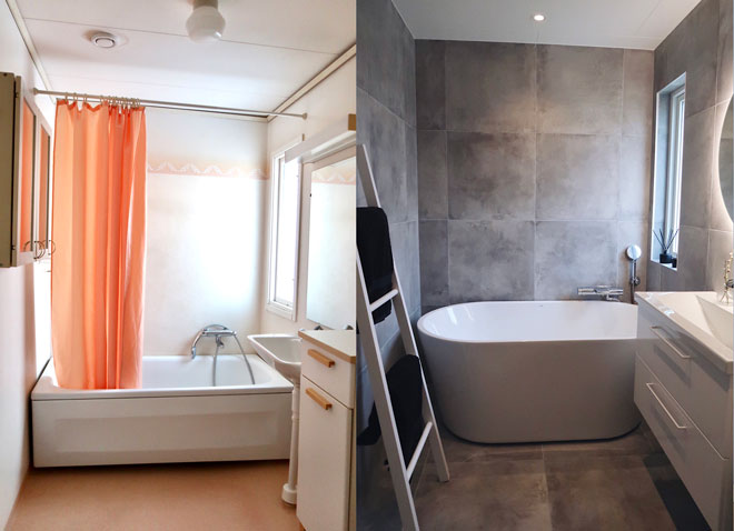 Ett gammalt badrum med orange duschdraperi och badkar. Ett annat badrum med gråa väggar och runt badkar.