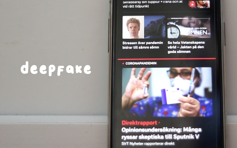 En mobilskärm med nyheter. Vid sidan står texten "deepfake".